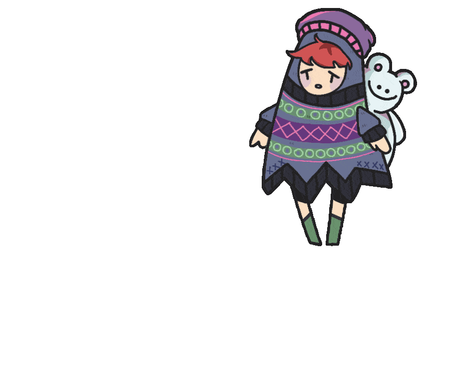 A boy character with a bunny doll on his back