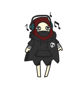 A dark color shirt gamer character wearing black color headphone listening to music