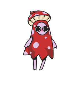 A red color mushroom girl character standing beside a senior citizen